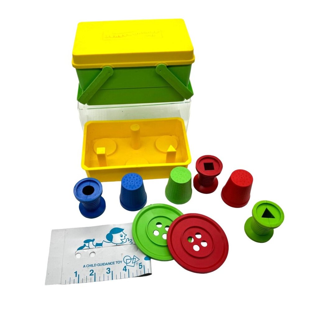 Vintage A Child Guidance Toy Sewing Basket Shape Sorter Box With Colorful Pieces